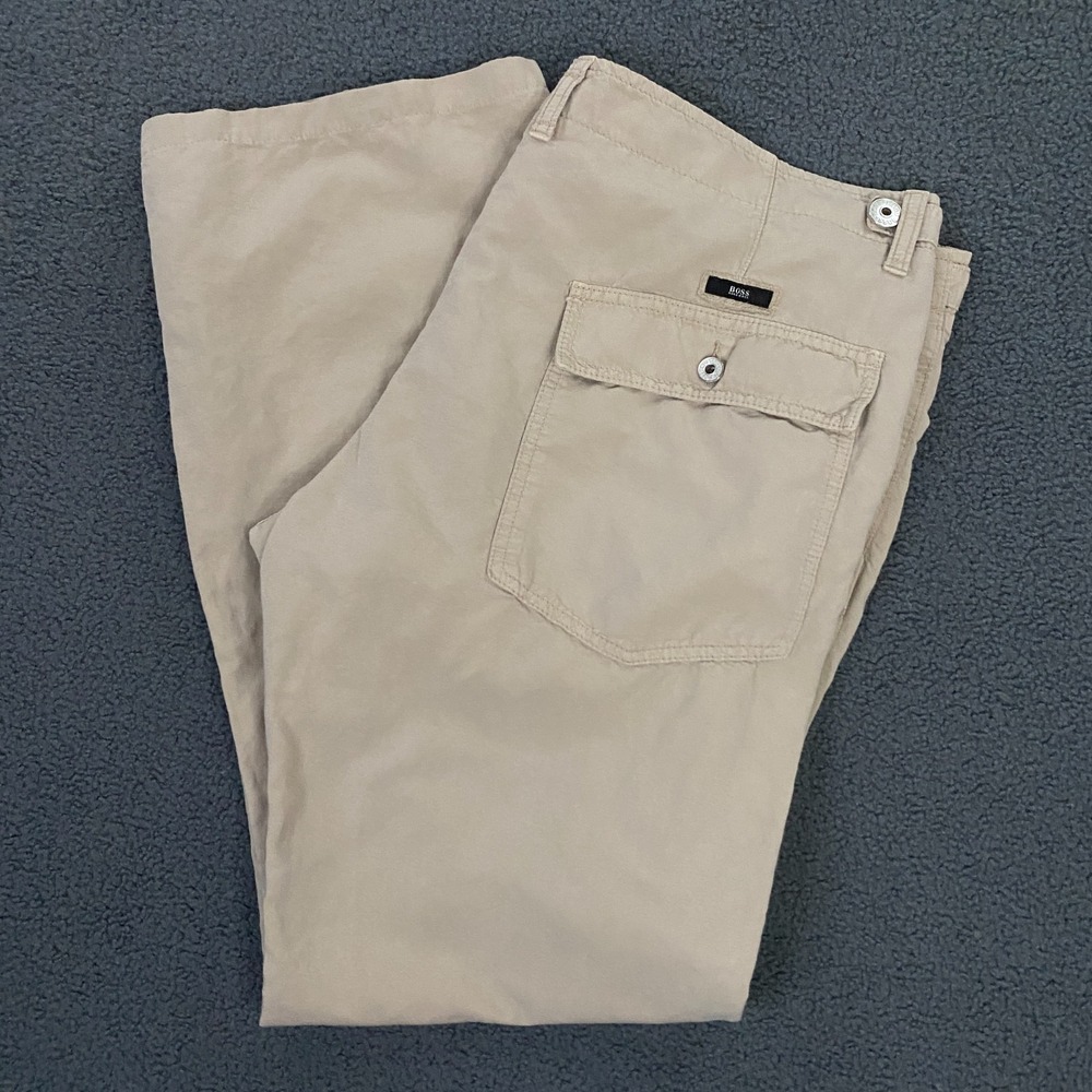 Hugo Boss Pants Mens 40x32 Tan Khaki Cotton Linen Chin Casual Flap Pocket Beach